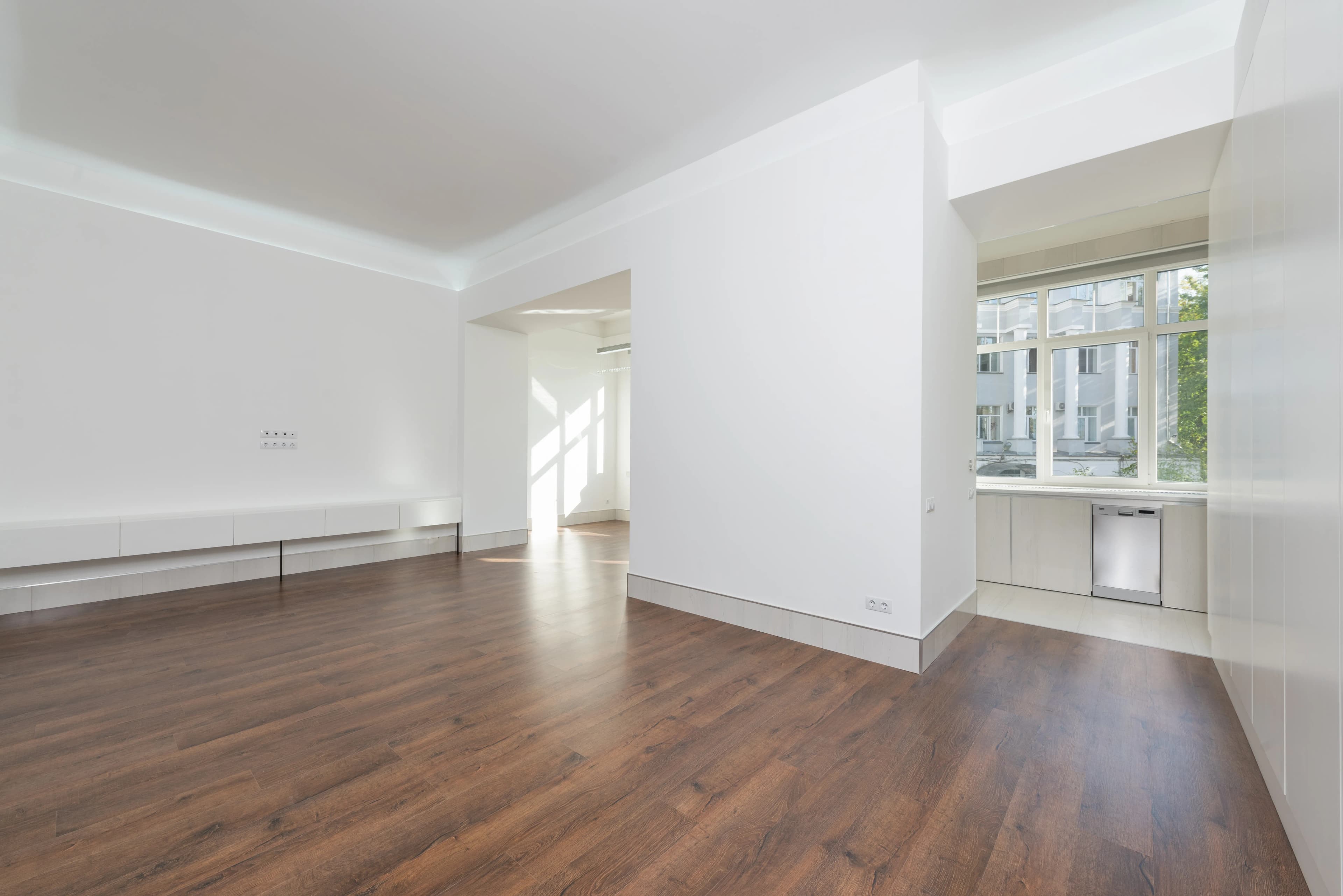 Apartment interior with light timber-look flooring